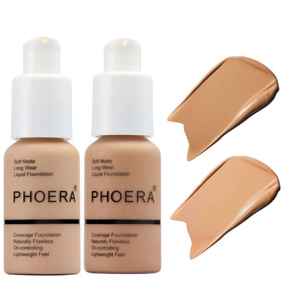 Hilareco BestLand PHOERA Foundation 2Pack – Full Coverage Liquid Foundation, Oil-Free, Long-Lasting, Shades 104 Buff Beige & 105 Sand