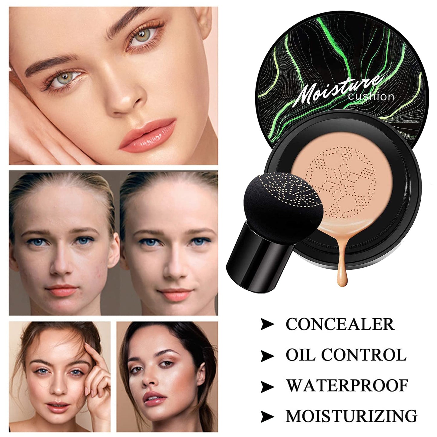 Hilareco 2-Piece Mushroom Head Air Cushion CC Cream Set – Nature Foundation, Brushes, Sponge (#05 Sand)