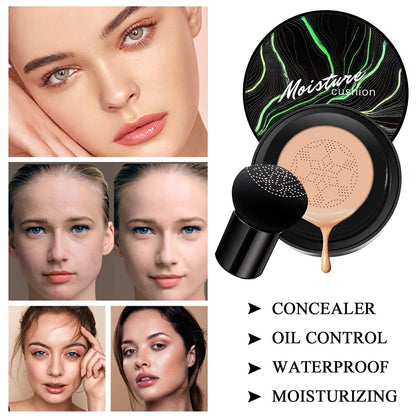Hilareco 2-Piece Mushroom Head Air Cushion CC Cream Set – Nature Foundation, Brushes, Sponge (#05 Sand)