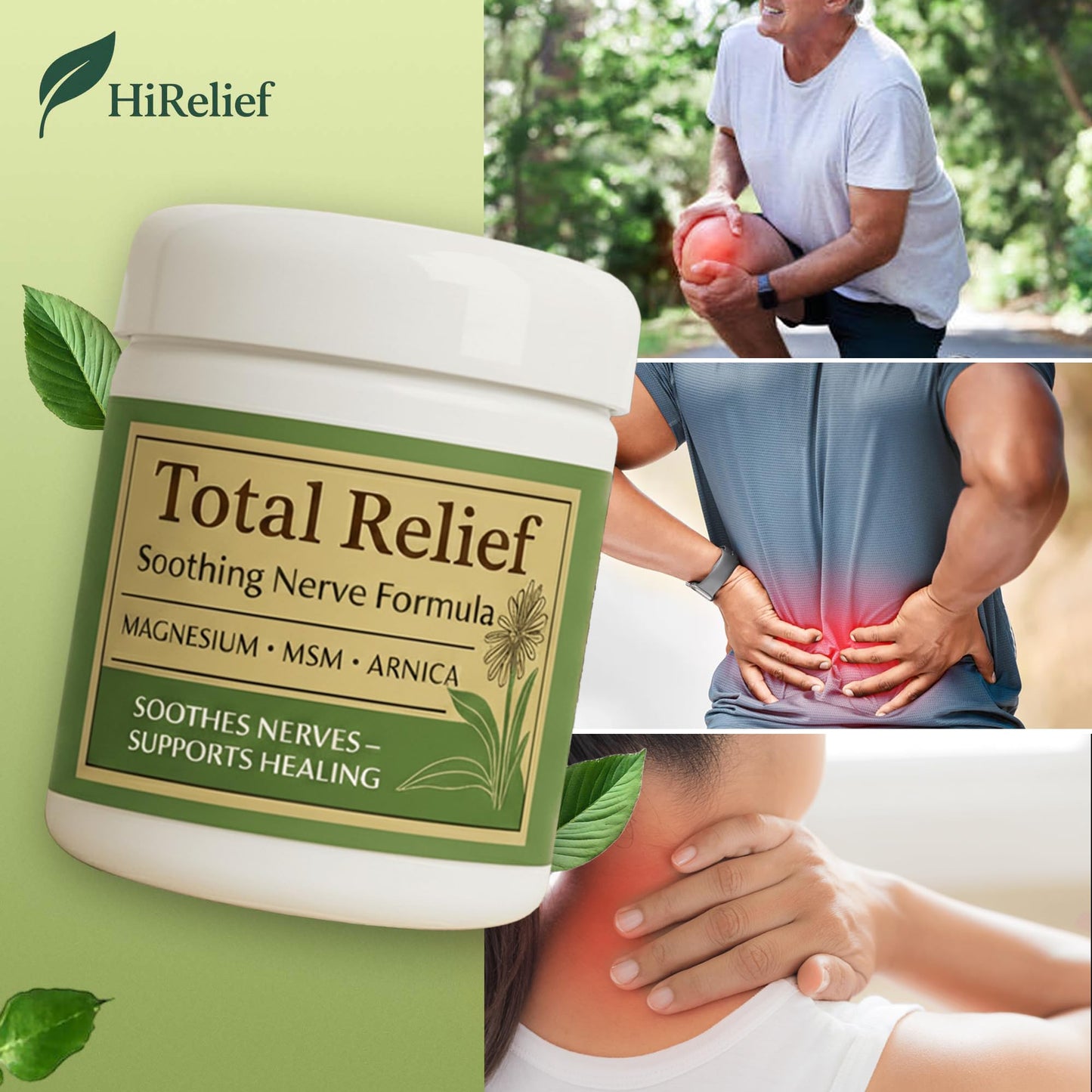 HiRelief Total Relief Magnesium Cream for Nerves – Fast-Absorbing MSM & Arnica, 4 oz Pack of 3