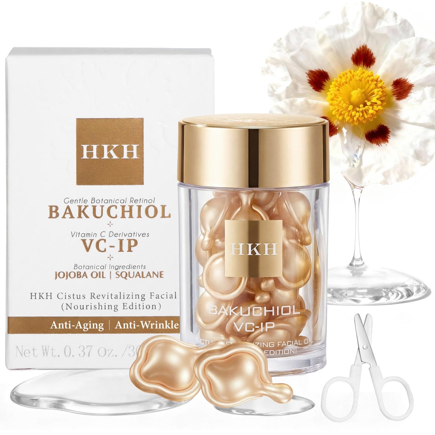 HKH Bakuchiol Retinol Serum for Face – 30 Capsules, Gentle Anti-Aging for Sensitive Skin, SGS-Tested Wrinkle Reduction in 4 Weeks, Peptides & Plant-Based Retinol, Travel-Friendly
