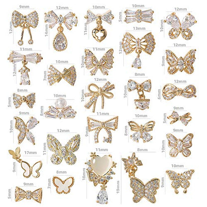 HNUIX Butterfly Nail Charms & Gems — Gold Copper Zircon, 27-Piece Nail Art Jewelry Kit