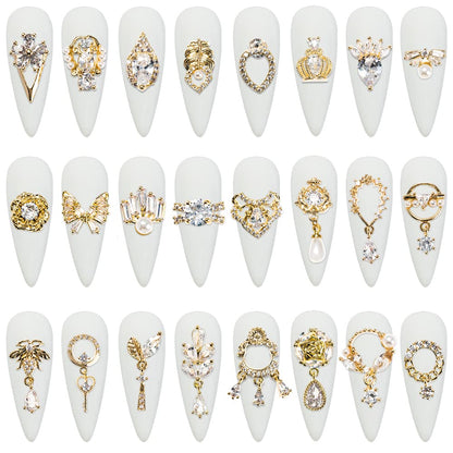HNUIX Nail Charms & Gems – Gold Copper Zircon 24Pcs 3D Dangle Rhinestones for Nails