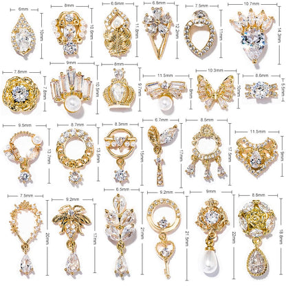 HNUIX Nail Charms & Gems – Gold Copper Zircon 24Pcs 3D Dangle Rhinestones for Nails
