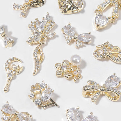 HNUIX Nail Charms & Gems – Gold Copper Zircon 3D Dangles (14 Pieces)