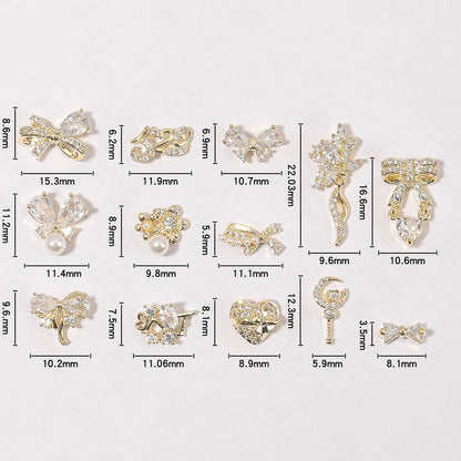 HNUIX Nail Charms & Gems – Gold Copper Zircon 3D Dangles (14 Pieces)