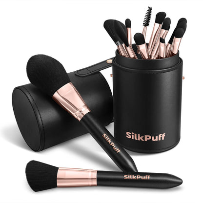 HOIFA Silkpuff 15-Piece Makeup Brush Set – Travel Case, Cruelty-Free Synthetic Hair
