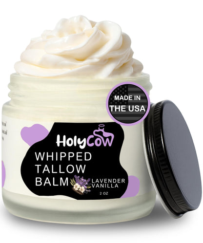 HolyCow Beef Tallow for Skin | Whipped Balm with Organic Jojoba Oil – Grass-Fed Tallow Moisturizer for Eczema, Baby & Lip Care – Lavender Vanilla