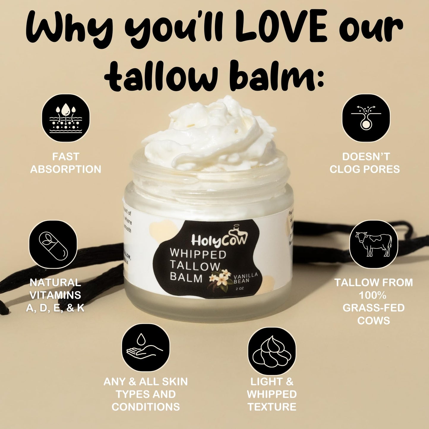 HolyCow Beef Tallow For Skin – Whipped Balm with Organic Jojoba Oil | Face & Body Moisturizer