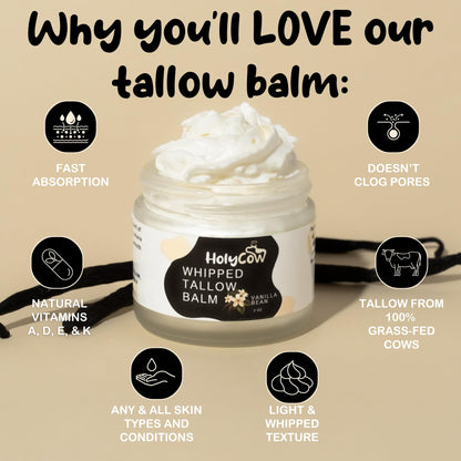 HolyCow Beef Tallow For Skin – Whipped Balm with Organic Jojoba Oil | Face & Body Moisturizer