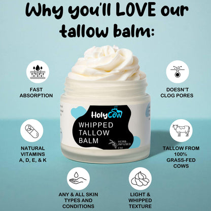 HolyCow Whipped Beef Tallow Balm – Unscented Skin Moisturizer with Organic Jojoba Oil