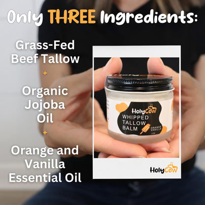 HolyCow Beef Tallow for Skin – Whipped Balm with Organic Jojoba Oil (Orange Vanilla) | Grass-Fed Face Moisturizer