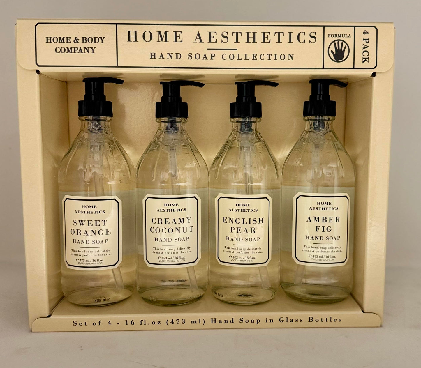 Home and Body Company Hand Wash Set of 4 – Ultra Moisturizing Formula in Glass Bottles | Sweet Orange, Creamy Coconut, English Pear, Amber Fig