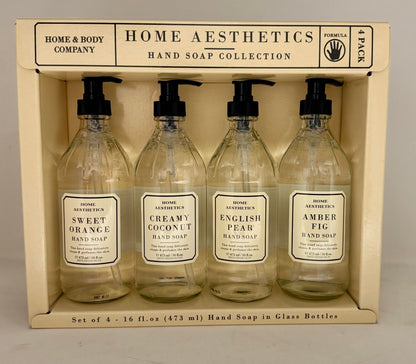 Home and Body Company Hand Wash Set of 4 – Ultra Moisturizing Formula in Glass Bottles | Sweet Orange, Creamy Coconut, English Pear, Amber Fig
