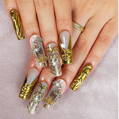 Homsera Handmade XL Press-On Nails | Magic Mirror Gold French Tips with 3D Cross Heart Charms