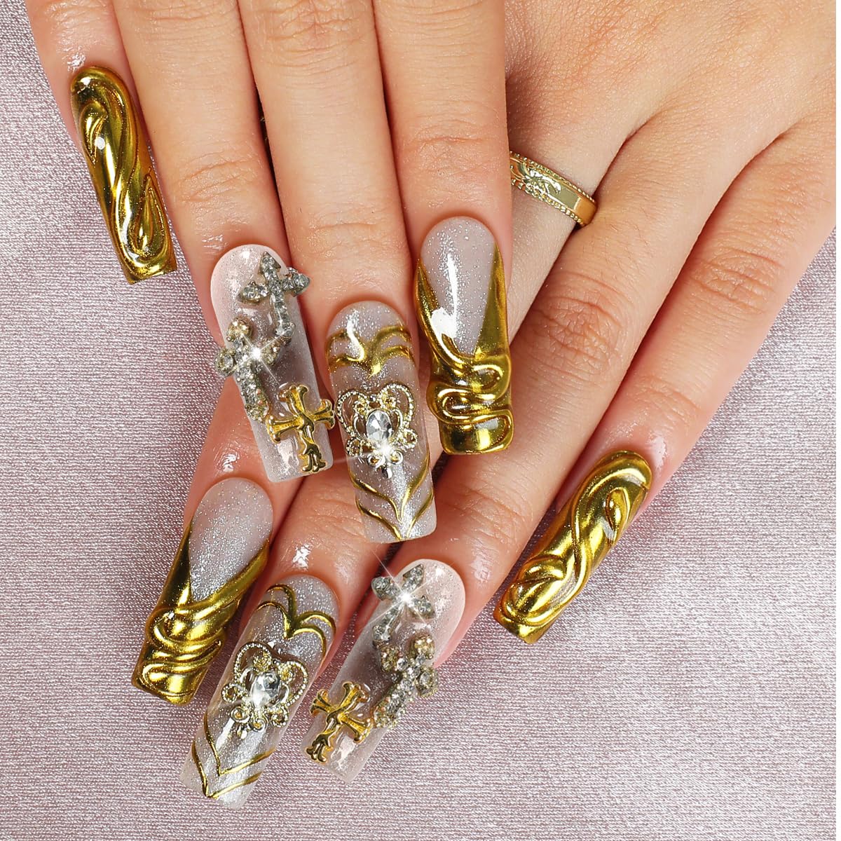 Homsera Handmade XL Long Square Nails – Magic Mirror Gold French Tips + 3D Cross Heart Charms