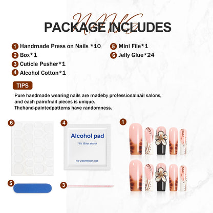 Homsera Ethereal Blossom Square Press-On Nails – Watercolor Marble Base with 3D Floral Embellishment