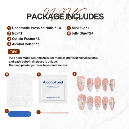 Homsera Handmade French Tips Press On Nails – Almond, 3D Flowers & Rhinestones