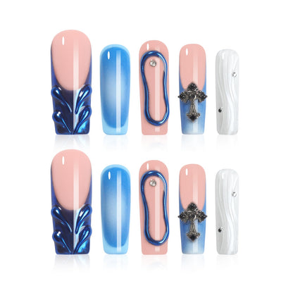 Homsera Blue Handmade Long Square Press-On Nails XL – French Tip 3D Cross & Circle, Reusable Full Cover