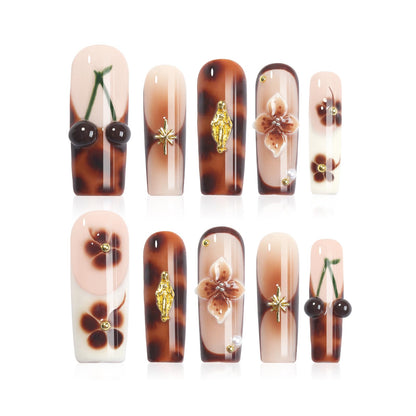 Homsera 3D Embossed Cherry Press-On Nails – Long Coffin Shape, Luxury Gloss Finish