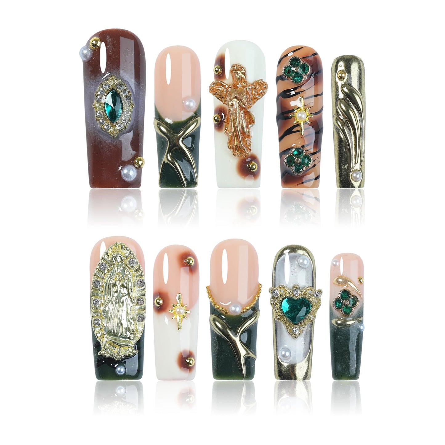 Homsera 3D Angel Press-on Nails Coffin Shape – Divine Figure Design Luxury Golden Full Cover Art