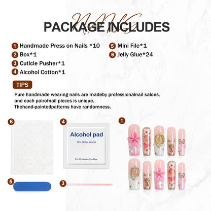 Homsera Elegant Press-On Nails – 3D Pink Rose Design, Luxury Glossy Full Cover Reusable