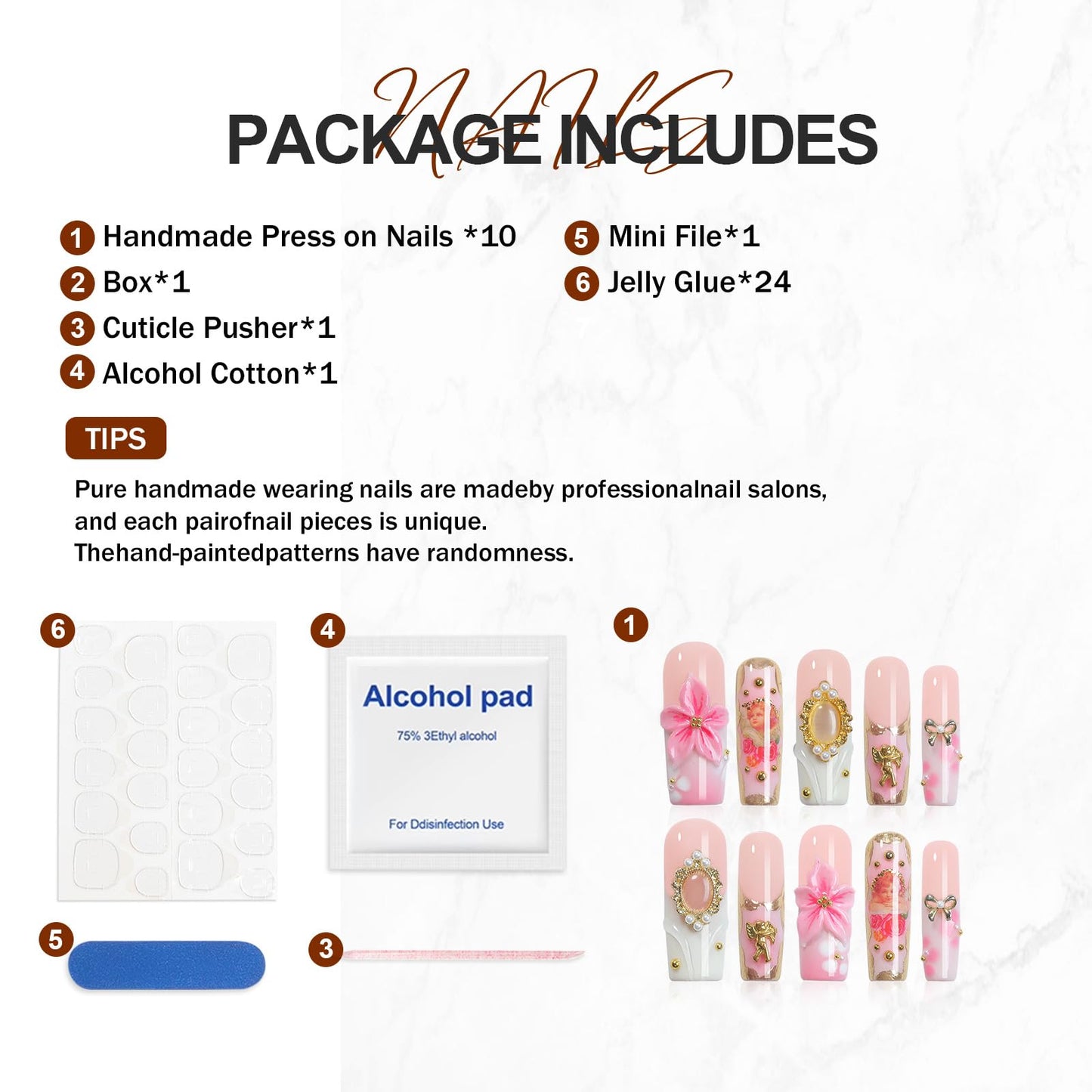 Homsera Elegant Press-On Nails – 3D Pink Rose, Luxury Glossy Full Cover