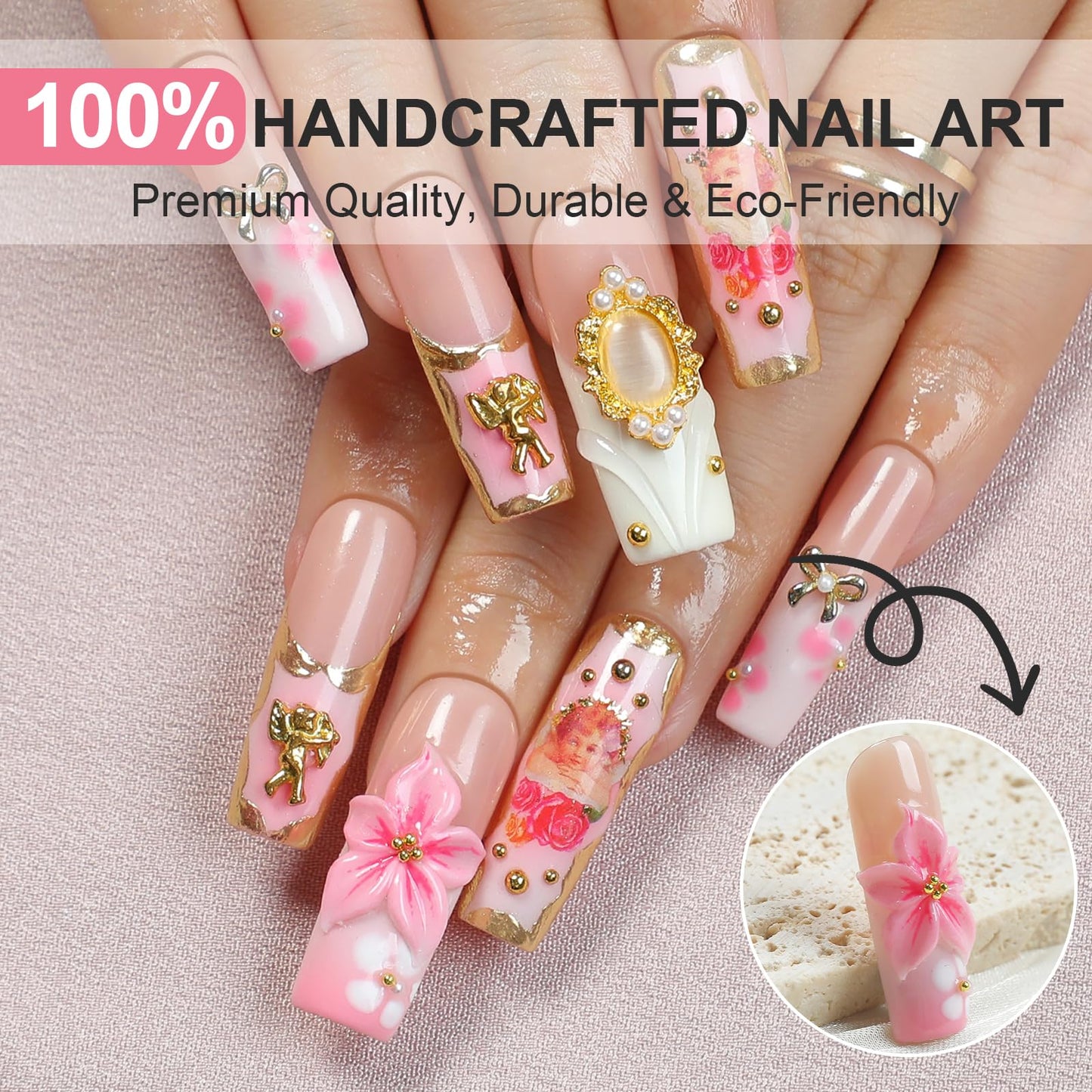 Homsera Elegant Press-On Nails – 3D Pink Rose, Luxury Glossy Full Cover