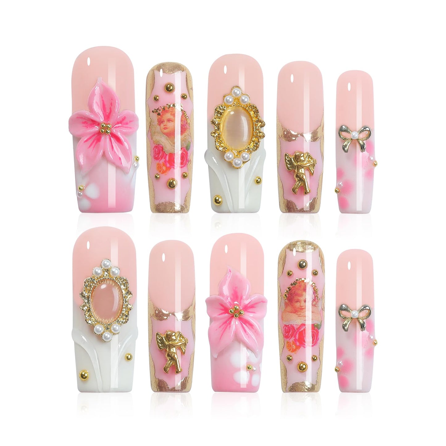 Homsera Elegant Press-On Nails - 3D Pink Rose Design, Luxury Glossy Reusable
