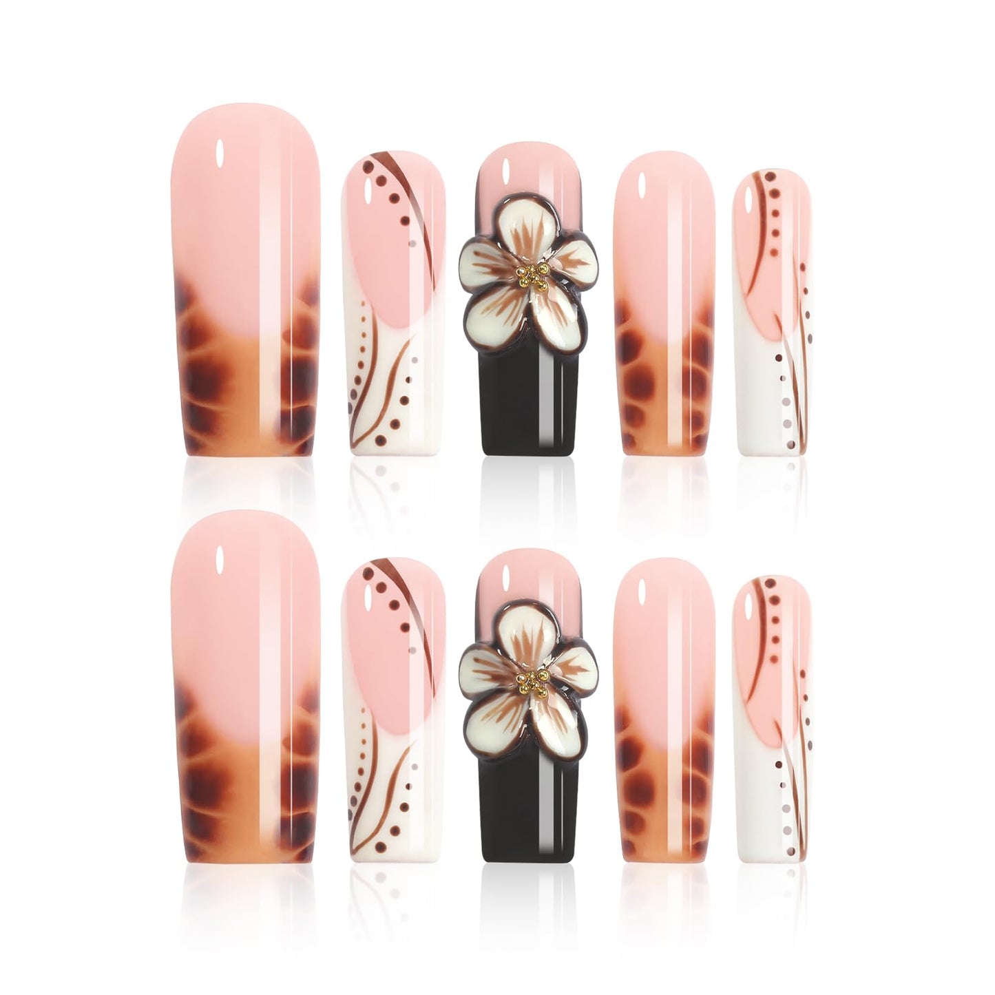 Homsera Ethereal Blossom Square Press-On Nails – Watercolor Marble Base with 3D Floral Embellishment