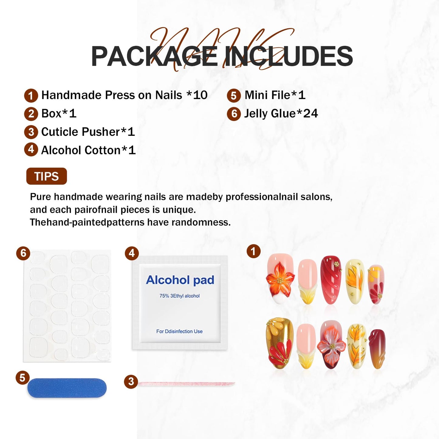 Homsera Handmade Press On Nails Almond – 3D Maple Leaf Flowers, French Tips, Short, Reusable 10‑Piece Kit