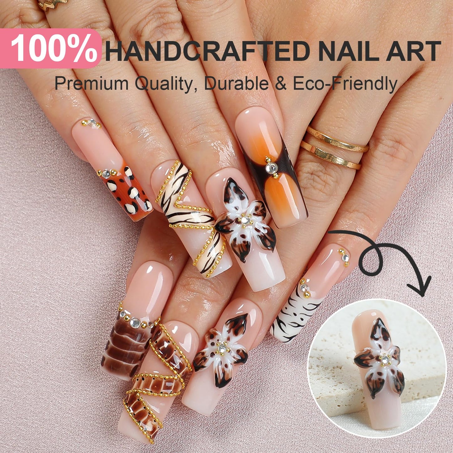 Homsera Press-On Nails – 3D Floral Motifs, Handmade Long Nails for Elegant Events