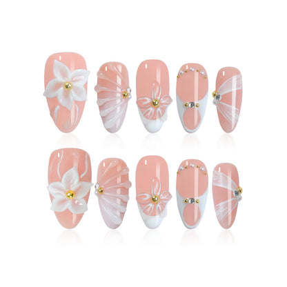 Homsera Handmade French Tips Press On Nails – Almond, 3D Flowers & Rhinestones