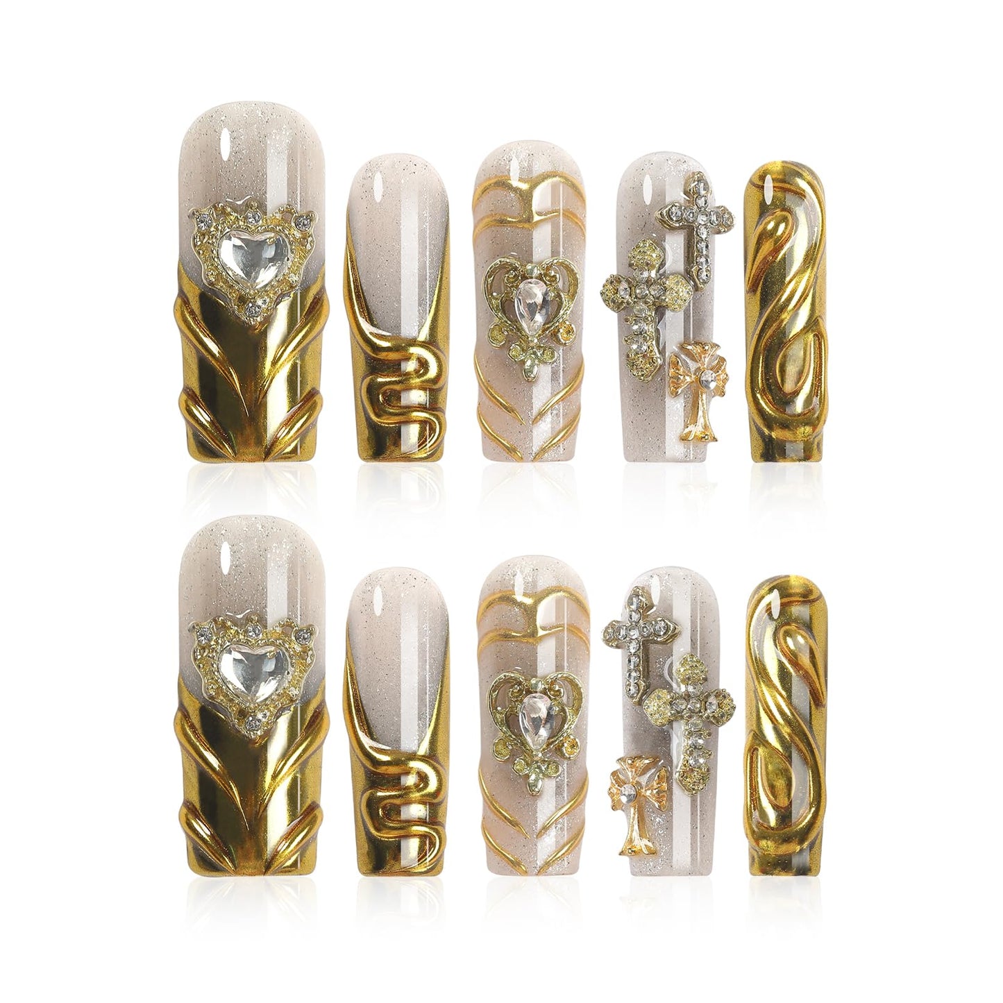 Homsera Handmade XL Long Square Nails – Magic Mirror Gold French Tips + 3D Cross Heart Charms