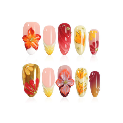 Homsera Handmade Press On Nails Almond – 3D Maple Leaf Flowers, French Tips, Short, Reusable & Salon-Quality 10pc Kit