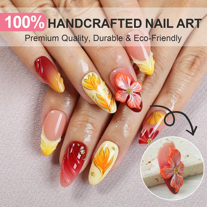 Homsera Handmade Press On Nails Almond – 3D Maple Leaf Flowers, French Tips, Short, Reusable & Salon-Quality 10pc Kit