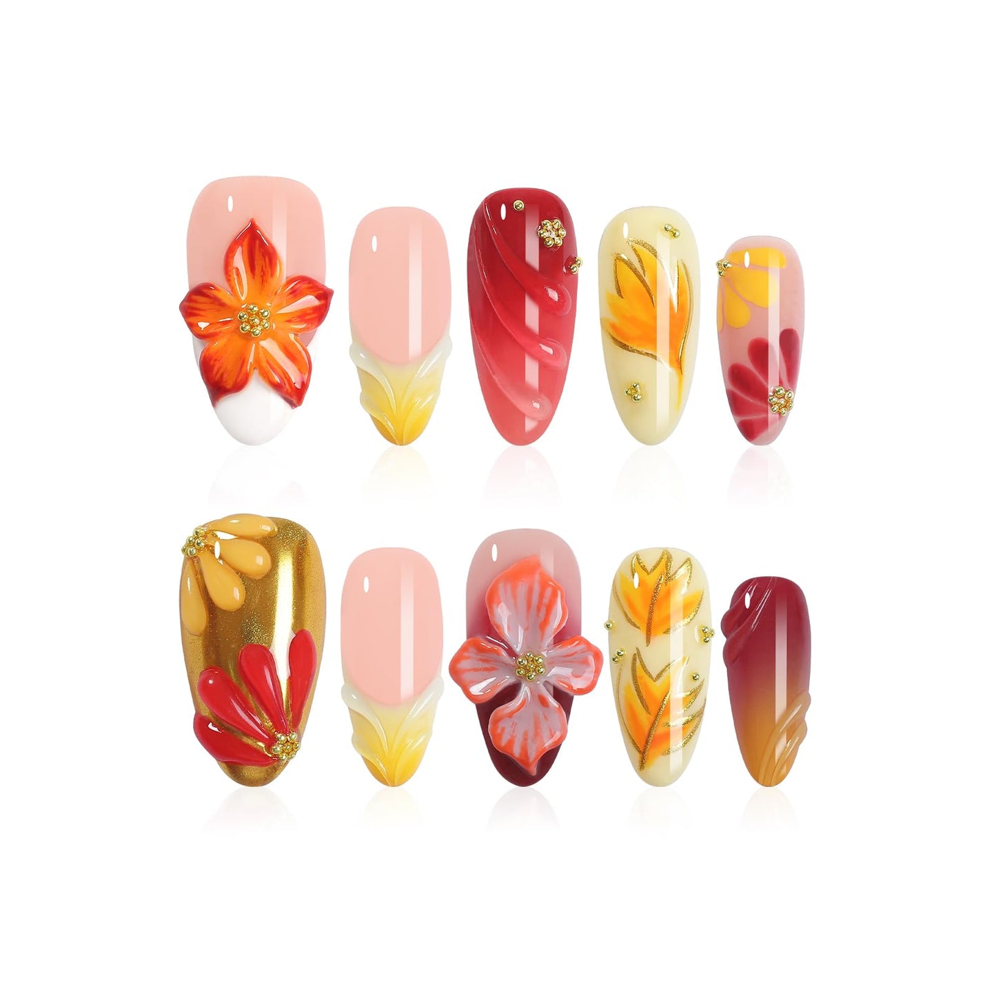 Homsera Handmade Press On Nails Almond – 3D Maple Leaf Flowers, French Tips, Short, Reusable 10‑Piece Kit