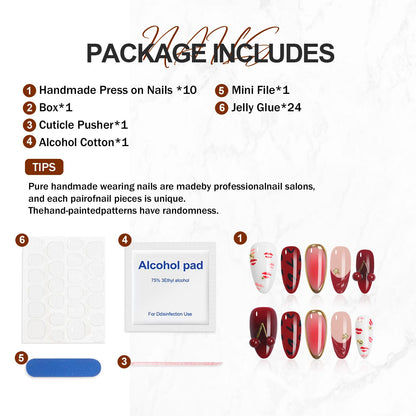 Homsera Handmade Press On Nails – Almond Shape, Valentine’s Day 3D Cherry & Hickey, Luxury French Tips, Reusable, 10pcs