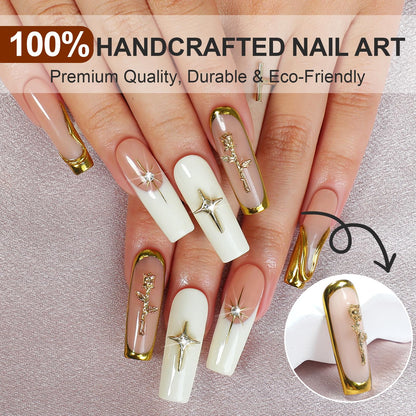 Homsera Handmade XL White Press-On Nails – 3D Sun Golden Flower Charms, French Tips, Reusable 10-Pack