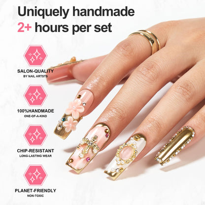 Homsera Opulent Handmade Press-On Nails – Intricate Square Nails for Weddings & Events