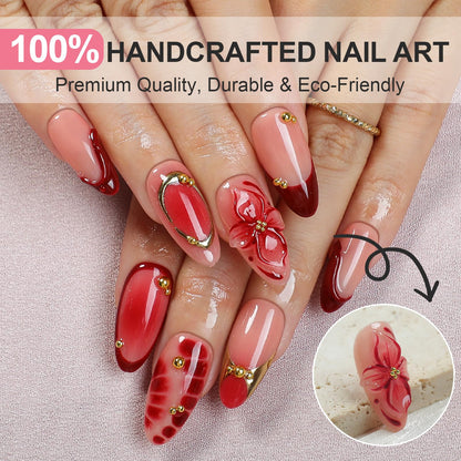 Homsera Handmade Press On Nails Almond – Luxury 3D Flowers & Rhinestones, Reusable, Salon-Quality, 10 Pcs