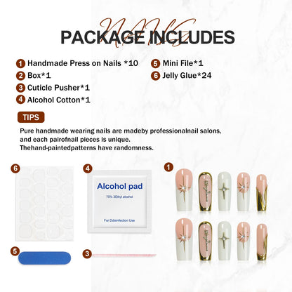 Homsera Handmade XL White Press-On Nails – 3D Sun Golden Flower Charms, French Tips, Reusable 10-Pack