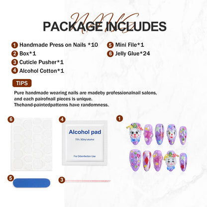 Homsera Handmade Press On Nails – Almond Shape, French Tips, 3D Joker Design, Reusable 10 Pcs