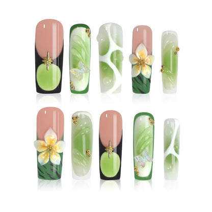 Homsera Press on Nails Verdant Canopy – Handmade Square Nails for Garden Parties