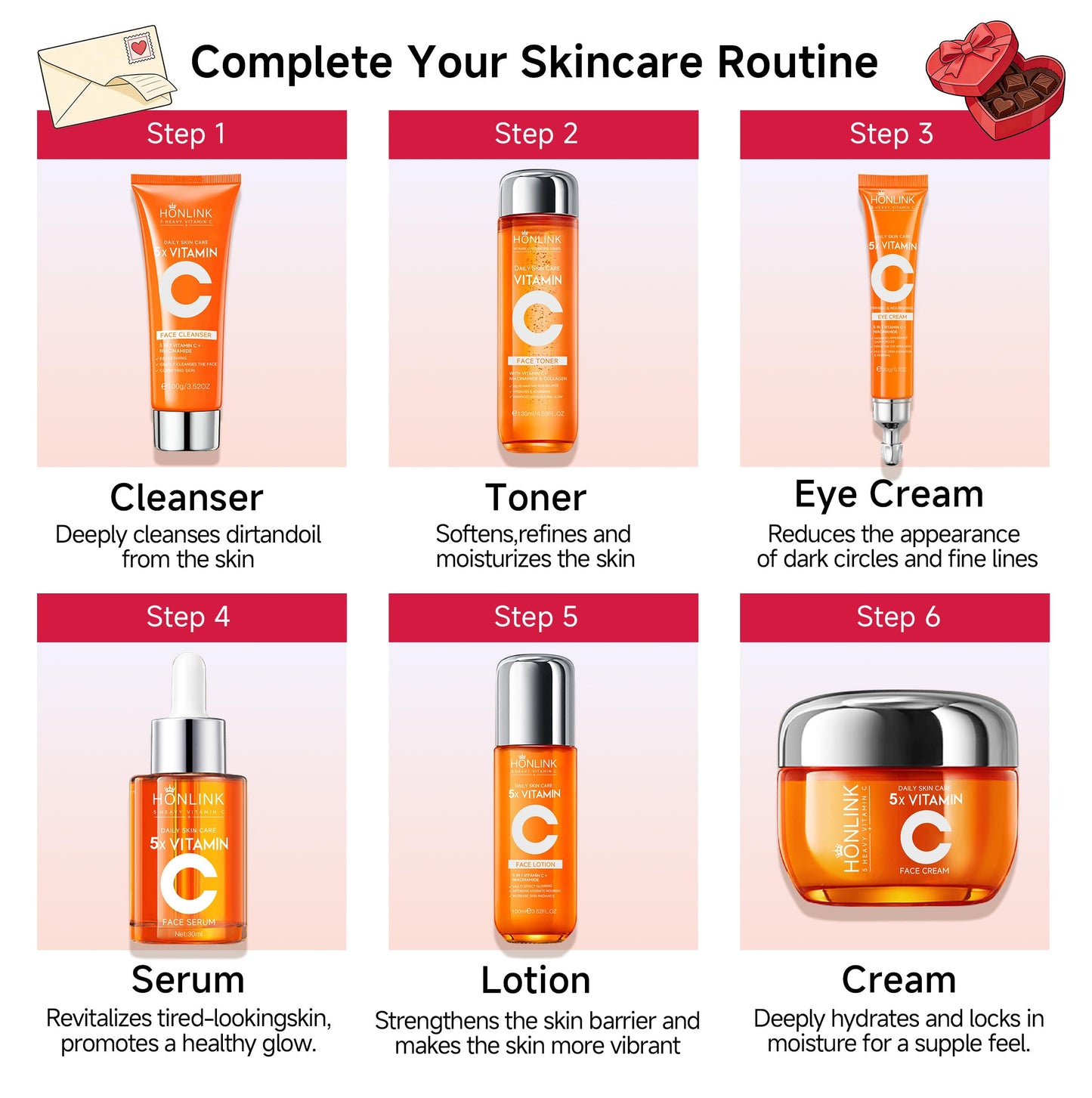 HONLINK Glown 6-Piece Hydrating Skincare Set — Vitamin C & Niacinamide | Gift for Women
