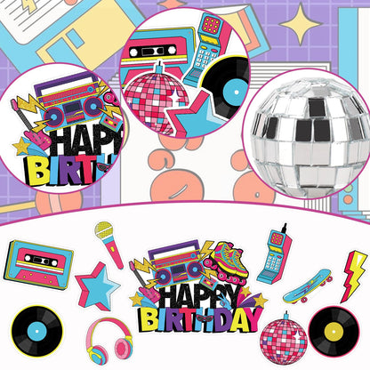 Hooqict 26 PCS 80s Cake Decorations – Retro Cake Toppers with Glitter Balls for Neon Throwback Parties