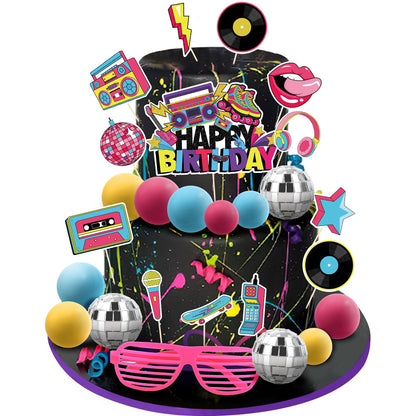 Hooqict 26 PCS 80s Cake Decorations – Retro Cake Toppers with Glitter Balls for Neon Throwback Parties