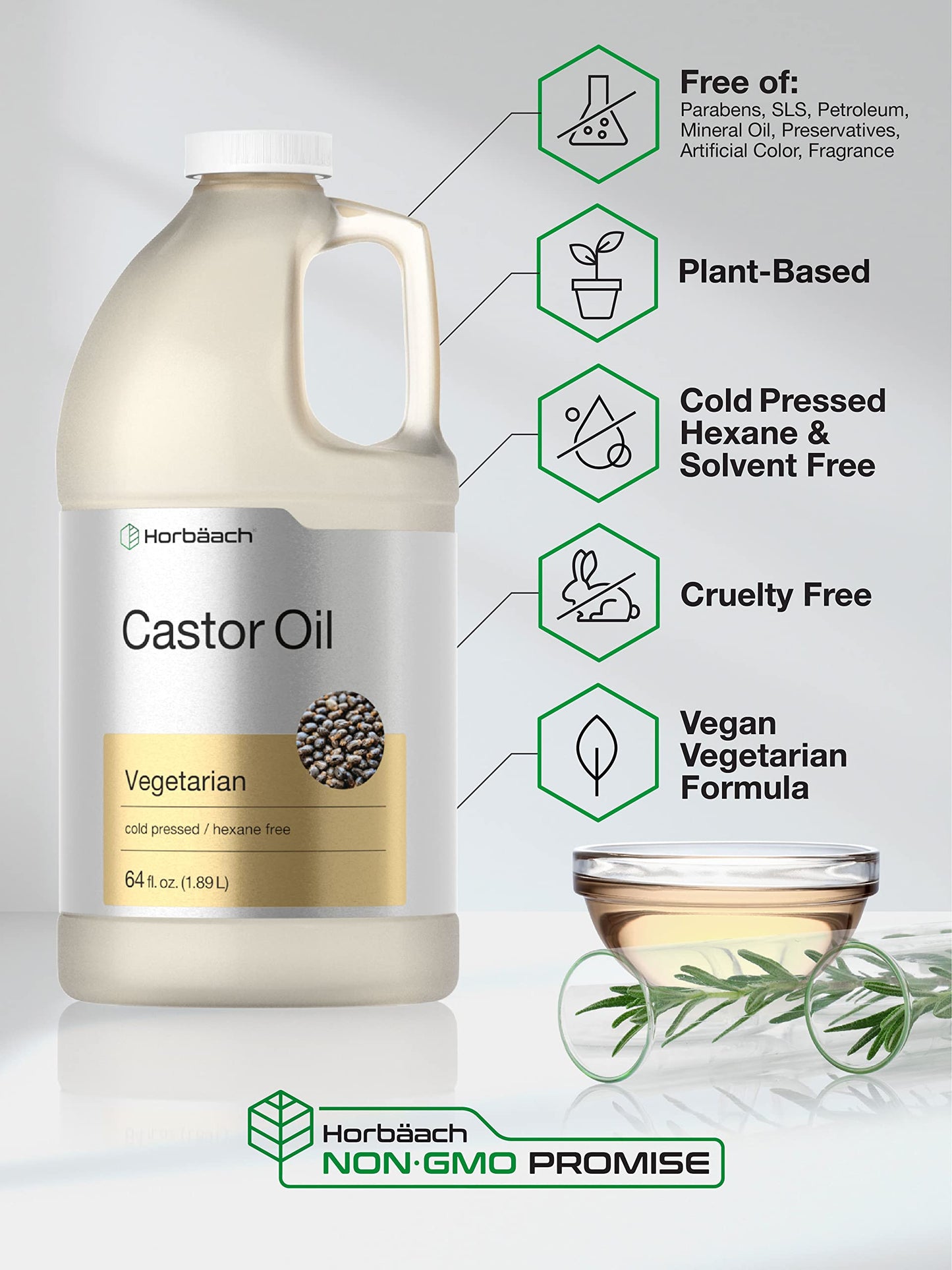 Horbäach Castor Oil 64oz | Hexane-Free, Cold-Pressed, Vegetarian, Non-GMO