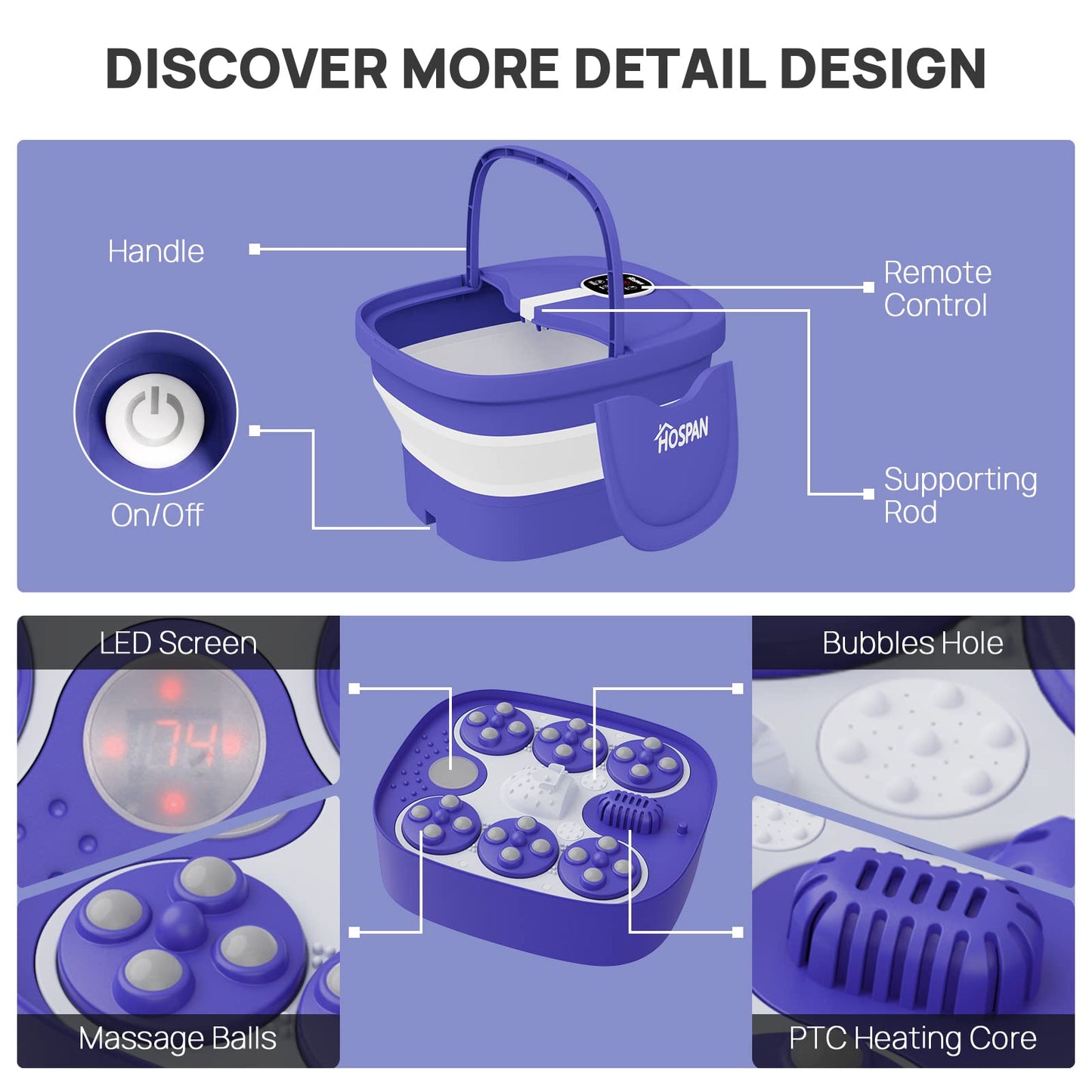 HOSPAN FS02A Collapsible Foot Spa — Electric Rotary Massage, Heat, Bubble, Remote