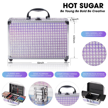 Hot Sugar Teen Makeup Kit – 40-Piece Beginner Set in Aluminum Case (Purple Houndstooth)